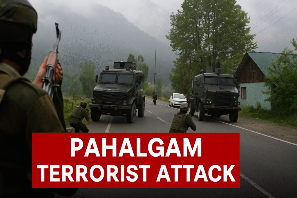 News graphic highlighting the Pahalgam terrorist attack impact on tourism and security