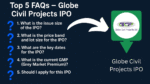 design image showcasing Globe Civil Projects IPO launch details with visual highlights such as the price band, GMP value, financial figures, and company infrastructure background. The layout is clean, informative,