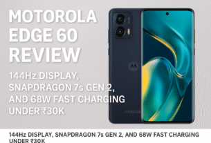 A digital review thumbnail image for the Motorola Edge 60 smartphone. The phone is shown in a dark blue matte finish with a large, vibrant screen featuring a curved-edge display. On the left side, bold white text reads “Motorola Edge 60 Review – 144Hz Display, Snapdragon 7s Gen 2, and 68W Fast Charging Under ₹30K” against a light gray background.